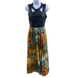 Black M Vegan Leather Cutout Floral Chiffon Maxi Sleeveless Dress Feminine Edgy